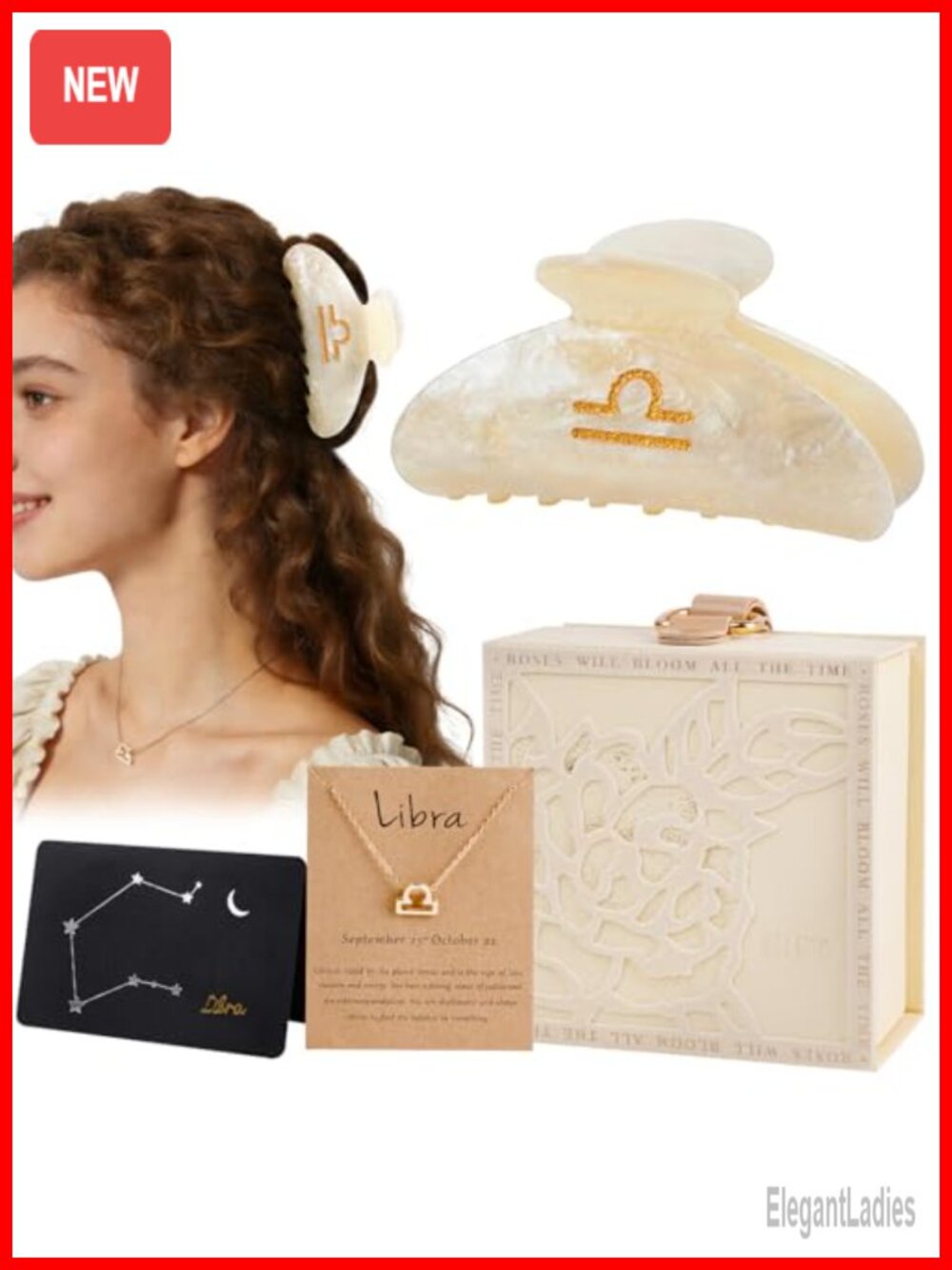 Libra Gift Set with Acrylic Hair Claw Clip & Zodiac Necklace